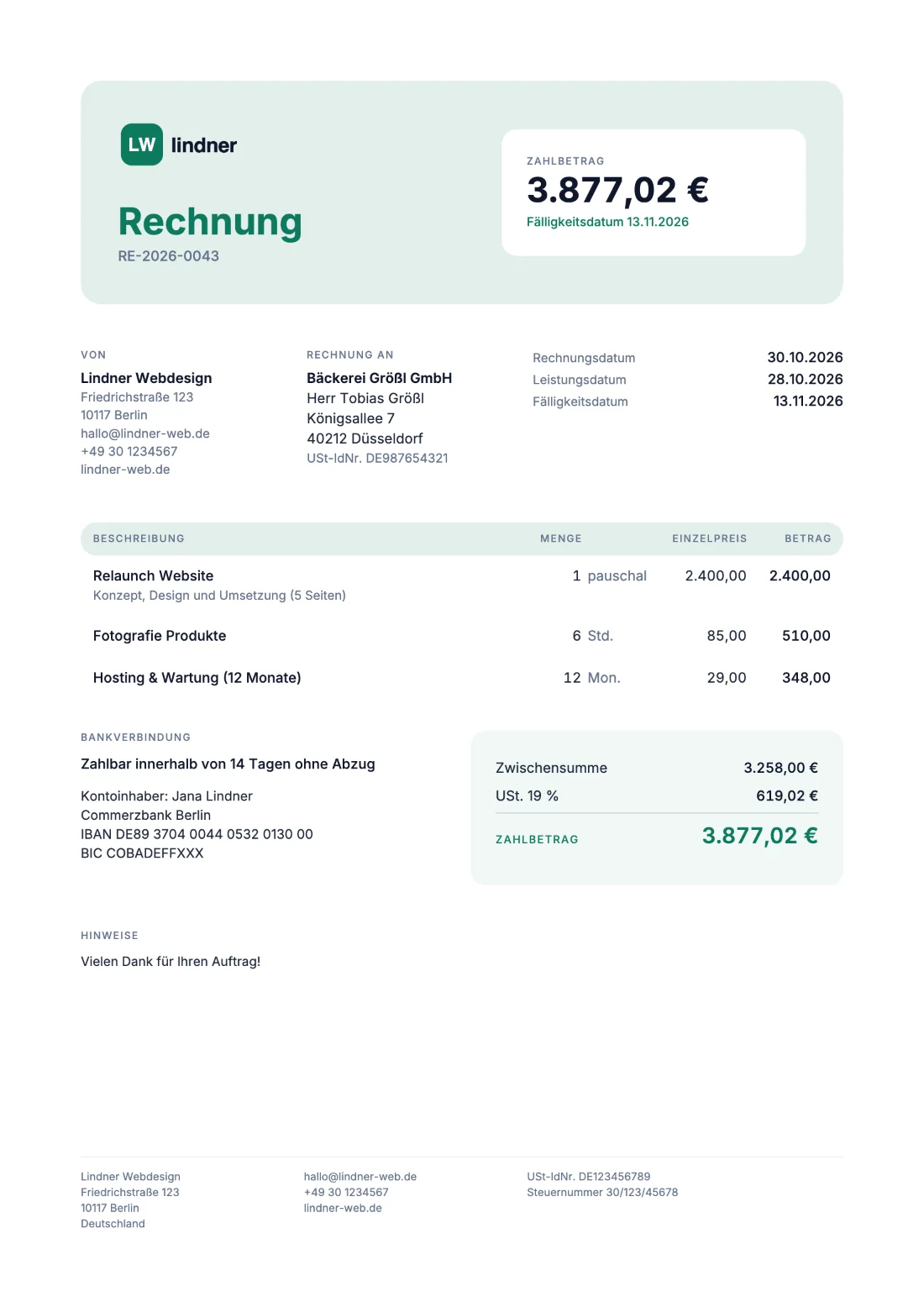 Frisch: Rechnung (Beispieldaten)