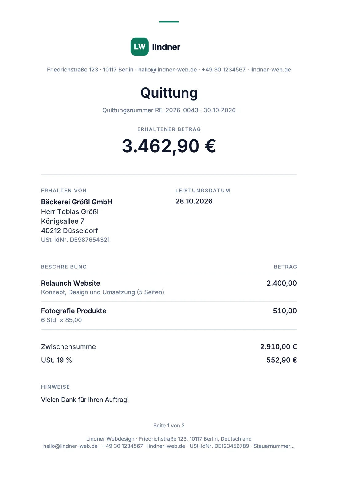 Quittung: Rechnung (Beispieldaten)