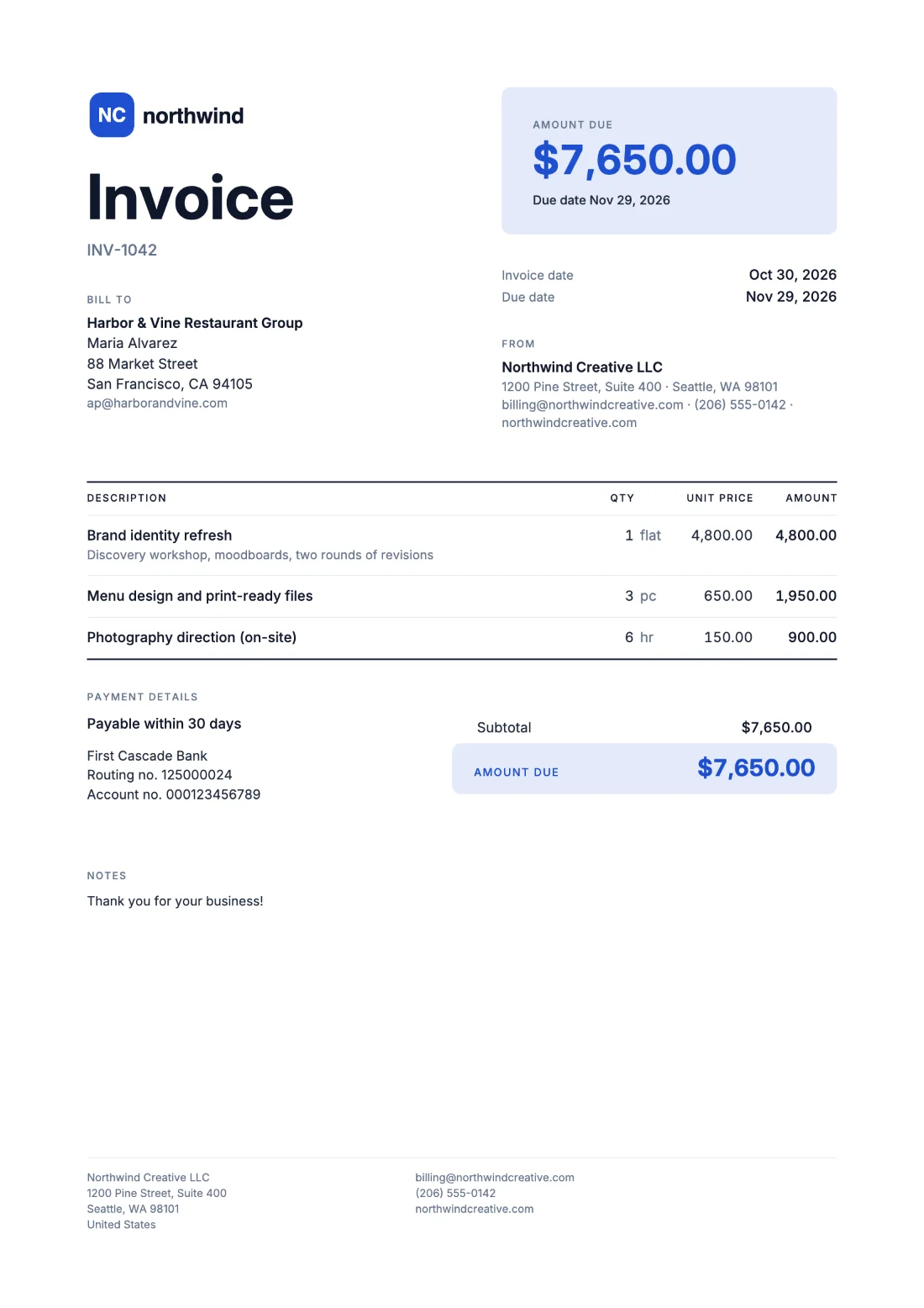 Bold: Invoice (Sample data)