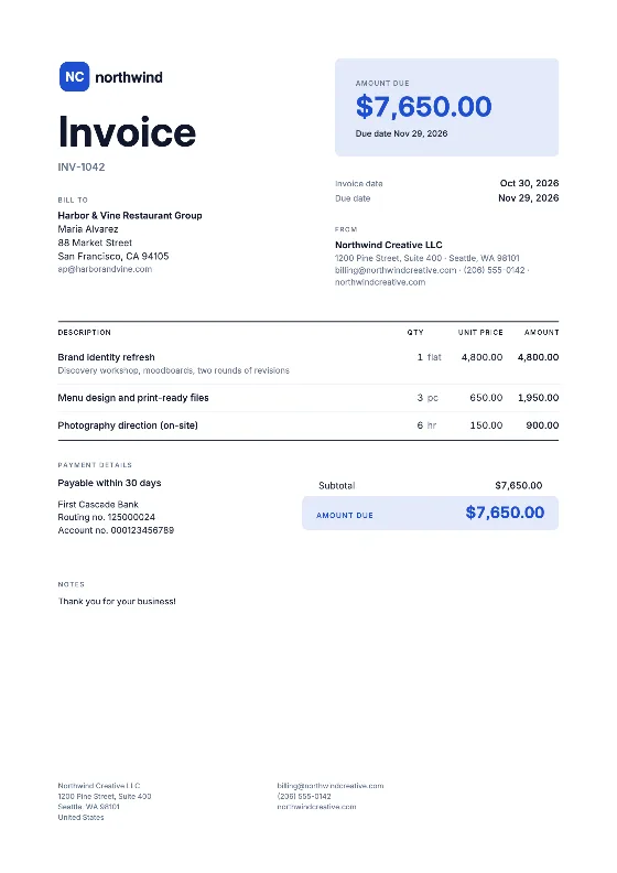 Bold: Invoice (Sample data)