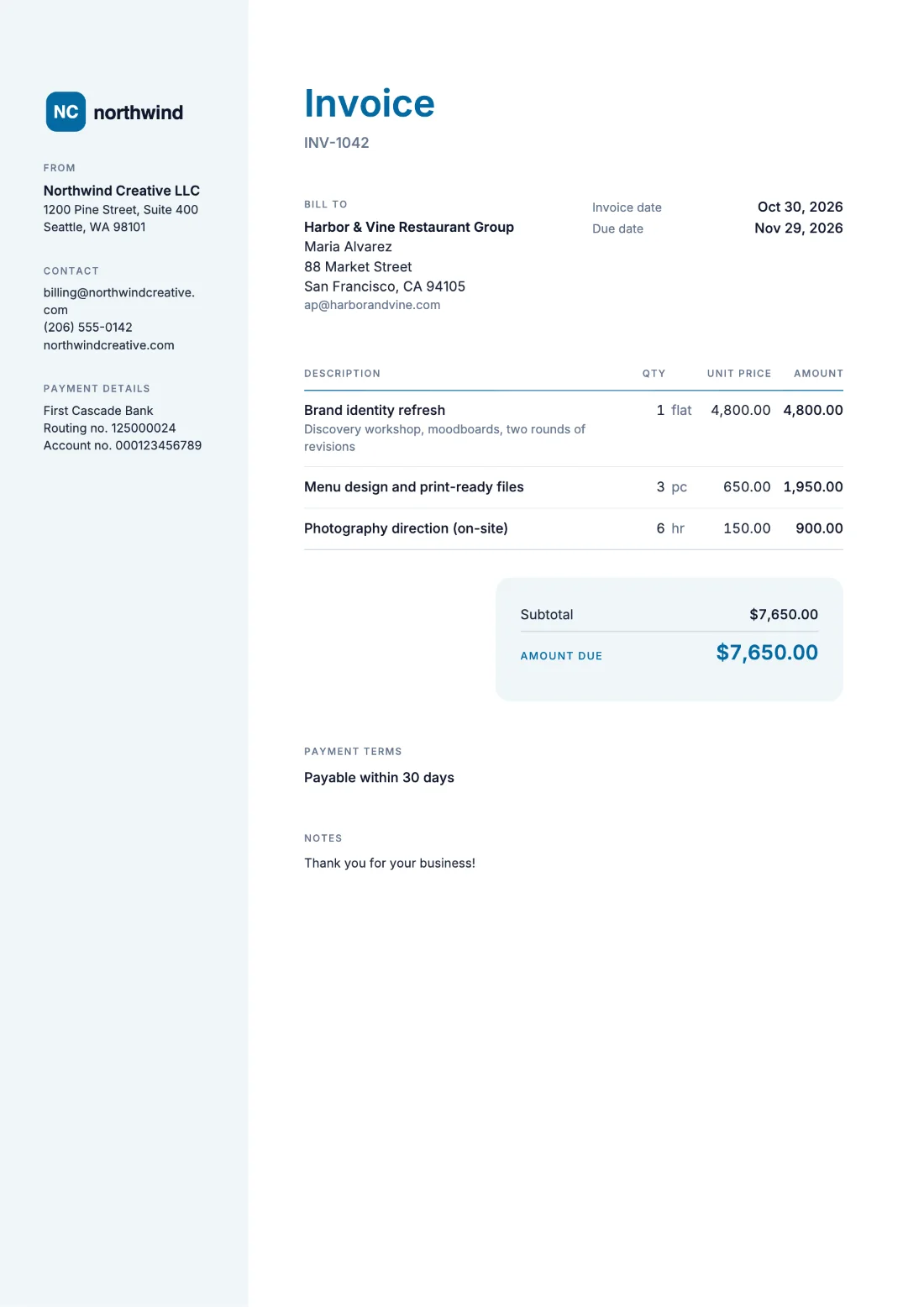 Corporate: Invoice (Sample data)