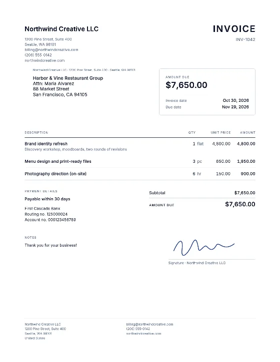 Letter: Invoice (Sample data)