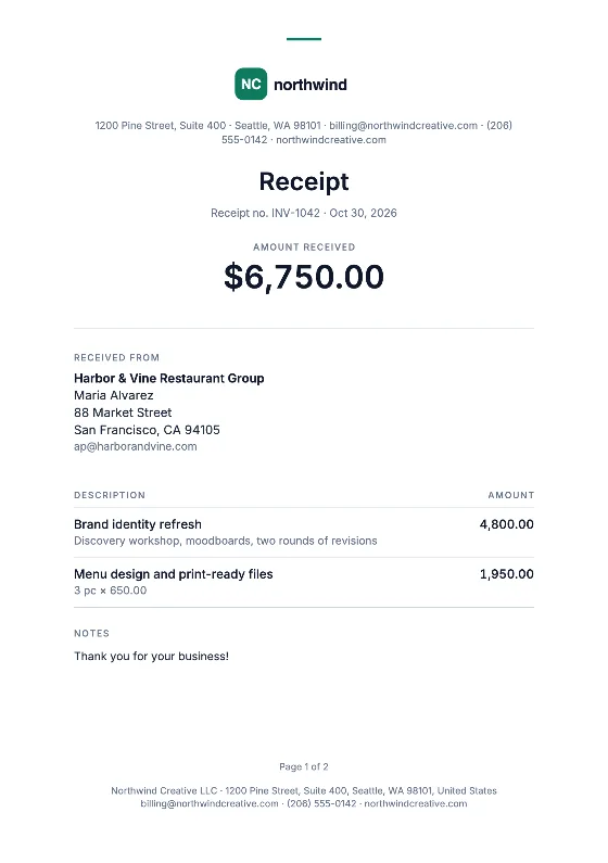 Receipt: Invoice (Sample data)