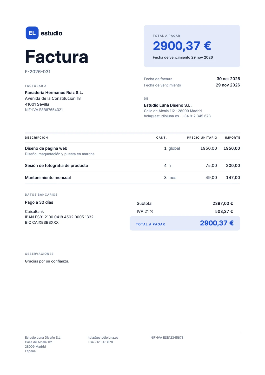 Llamativa: Factura (Datos de ejemplo)