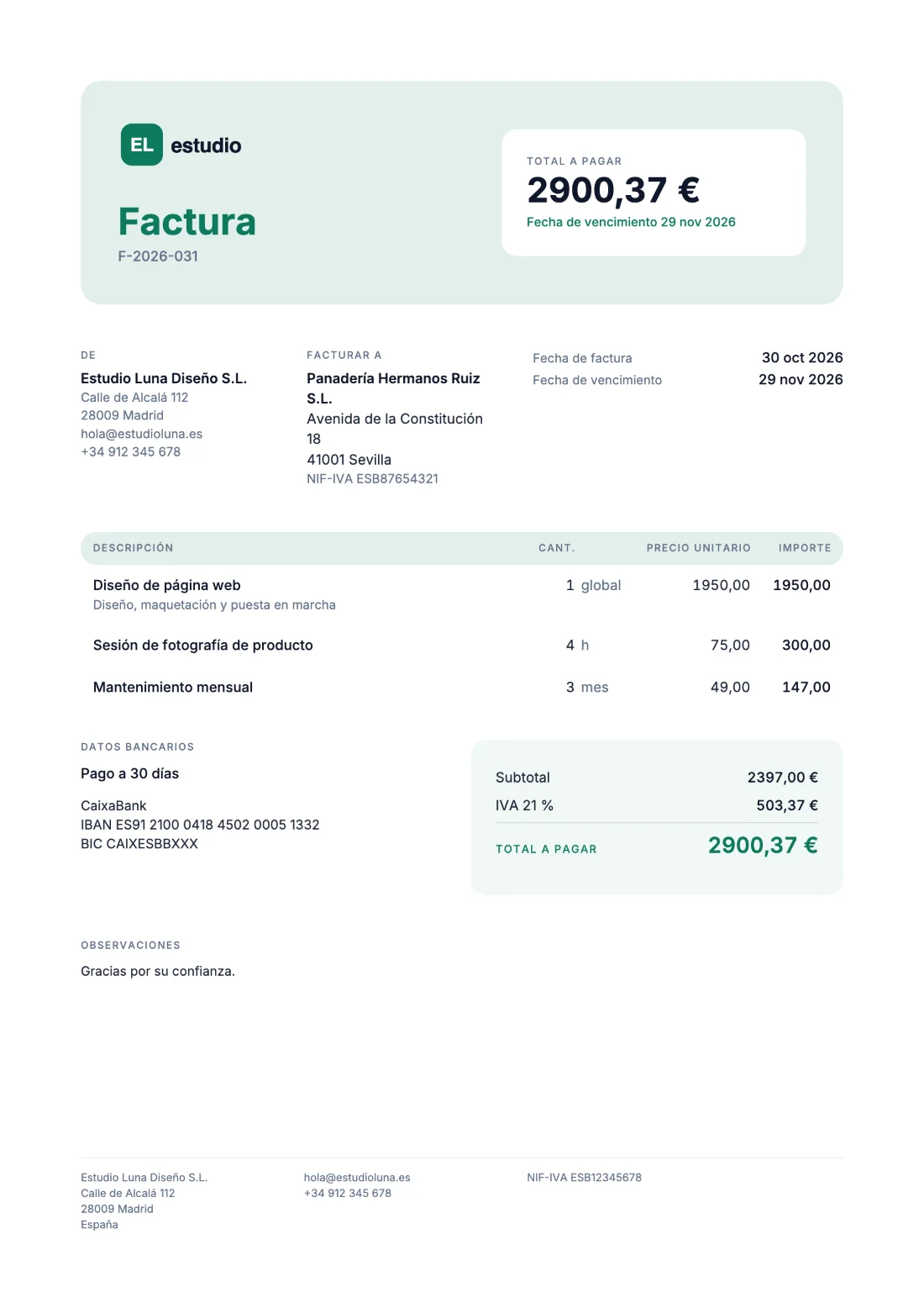 Fresca: Factura (Datos de ejemplo)