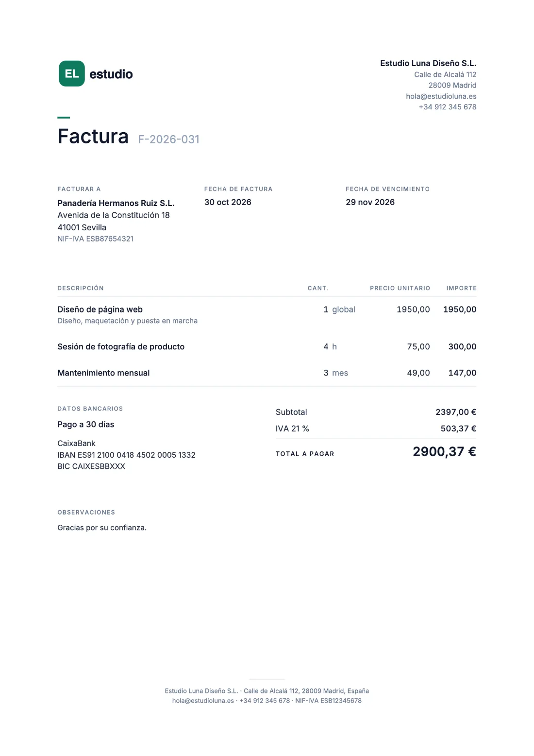 Minimalista: Factura (Datos de ejemplo)