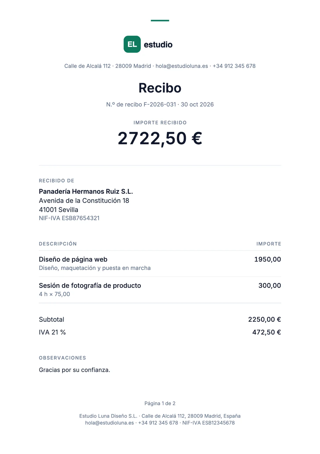 Recibo: Factura (Datos de ejemplo)