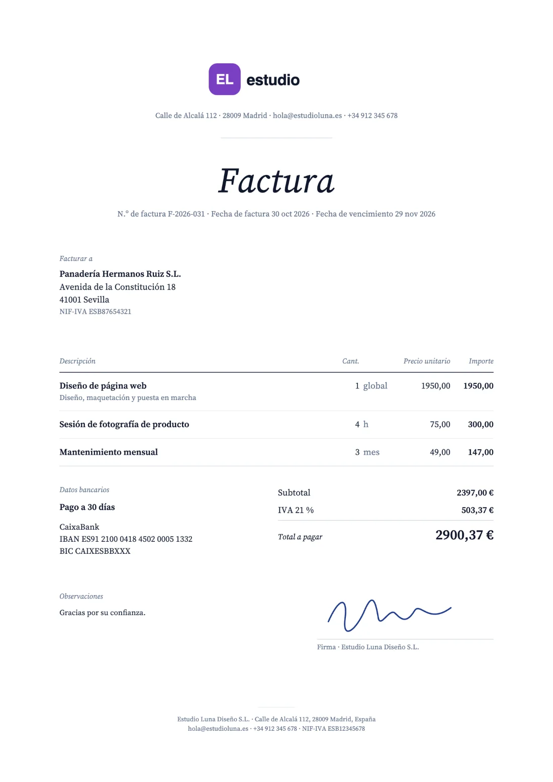 Estudio: Factura (Datos de ejemplo)