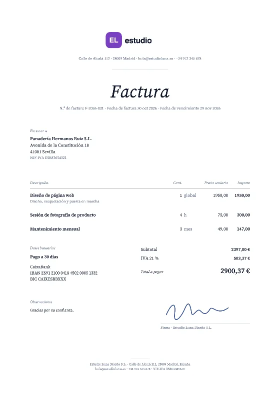 Estudio: Factura (Datos de ejemplo)