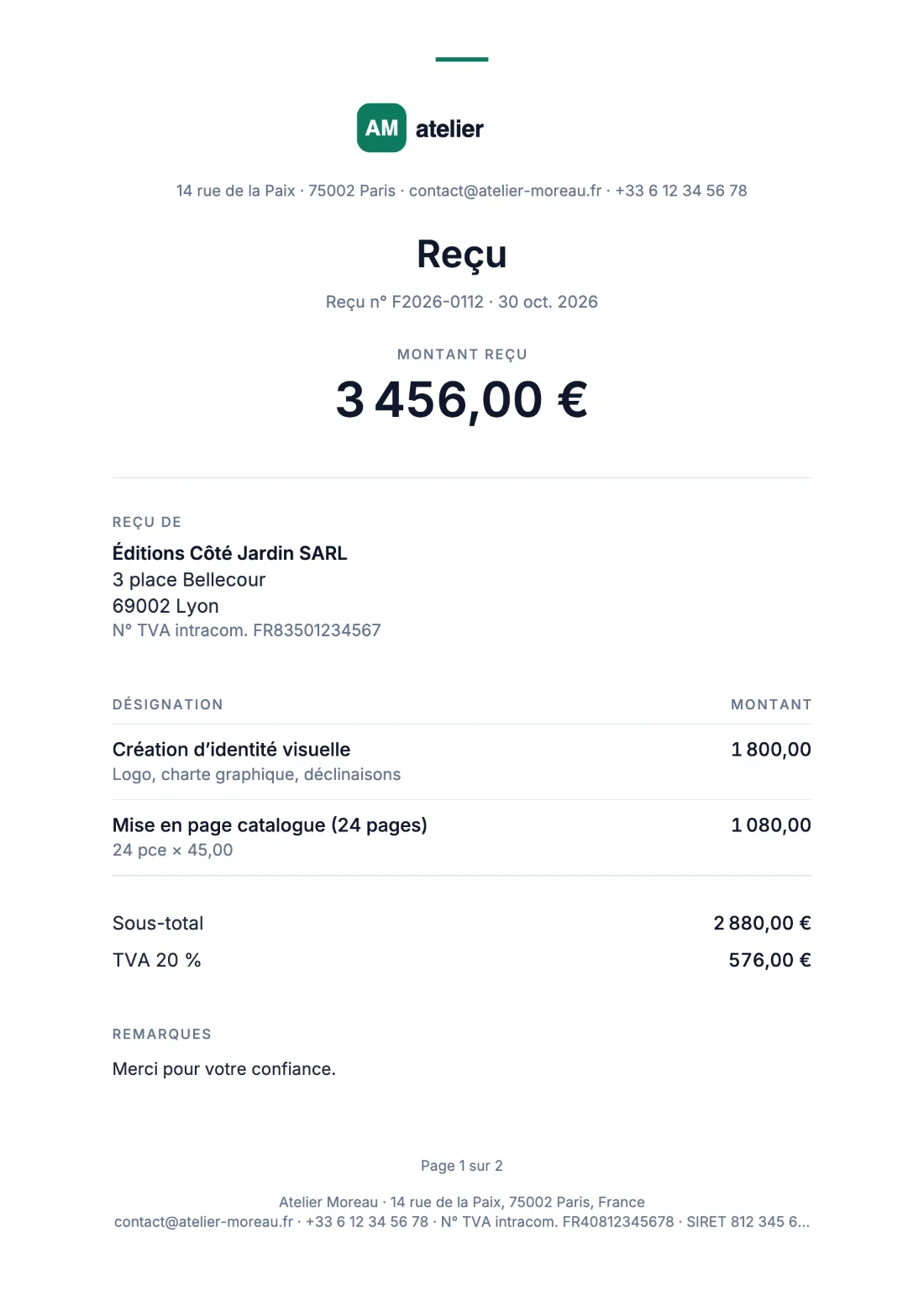 Reçu: Facture (Données d’exemple)