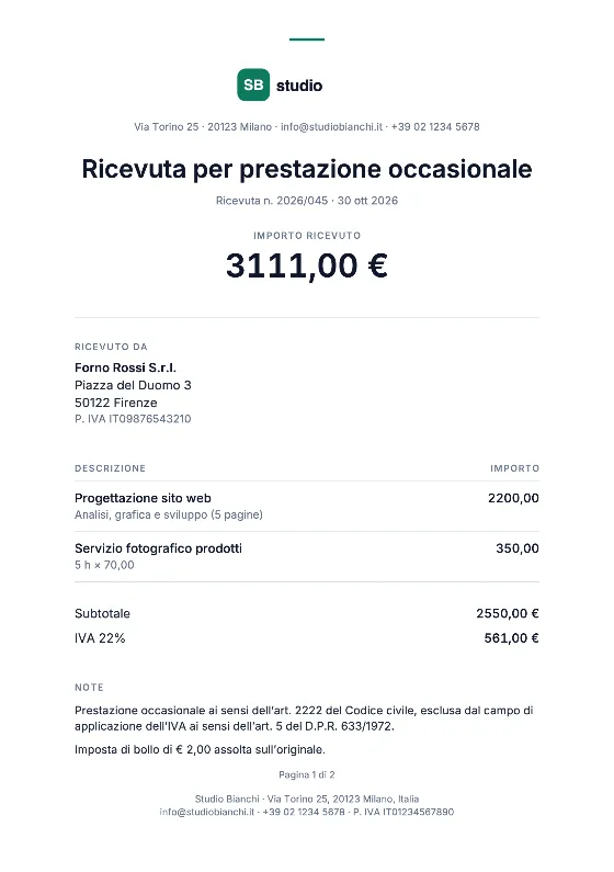 Ricevuta: Fattura (Dati di esempio)