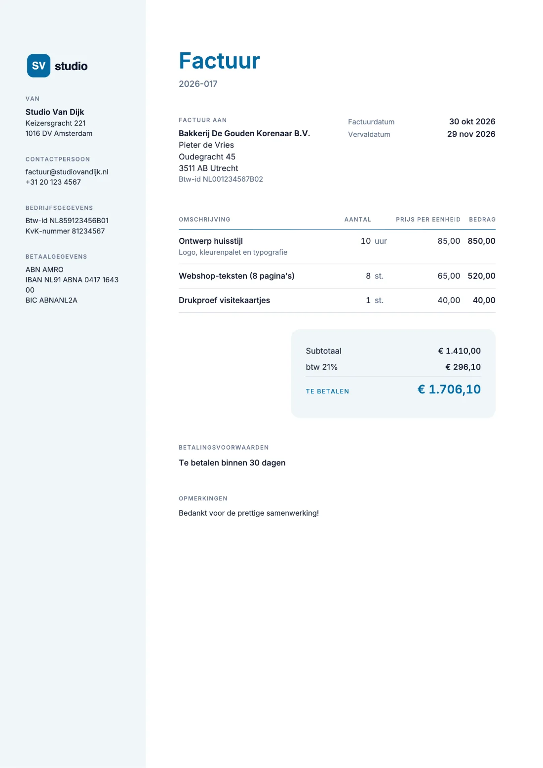 Zakelijk: Factuur (Voorbeeldgegevens)