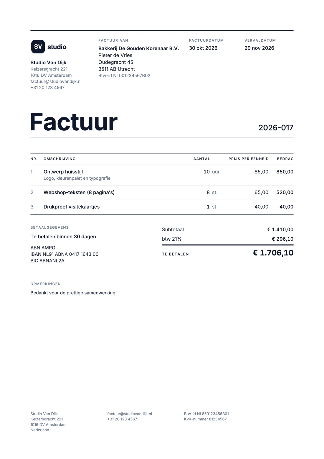 Raster: Factuur (Voorbeeldgegevens)