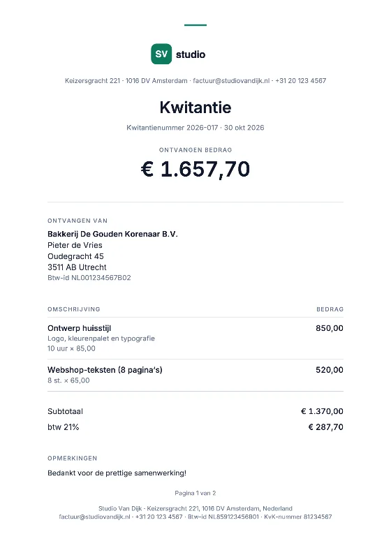 Kwitantie: Factuur (Voorbeeldgegevens)