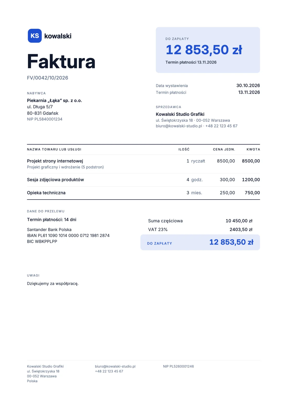 Wyrazisty: Faktura (Przykładowe dane)