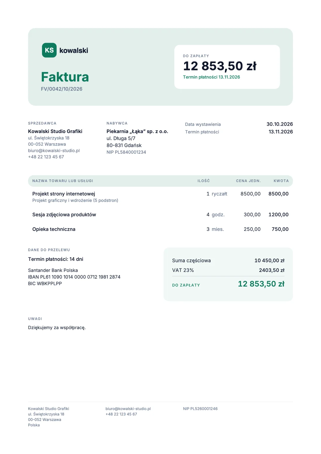 Świeży: Faktura (Przykładowe dane)