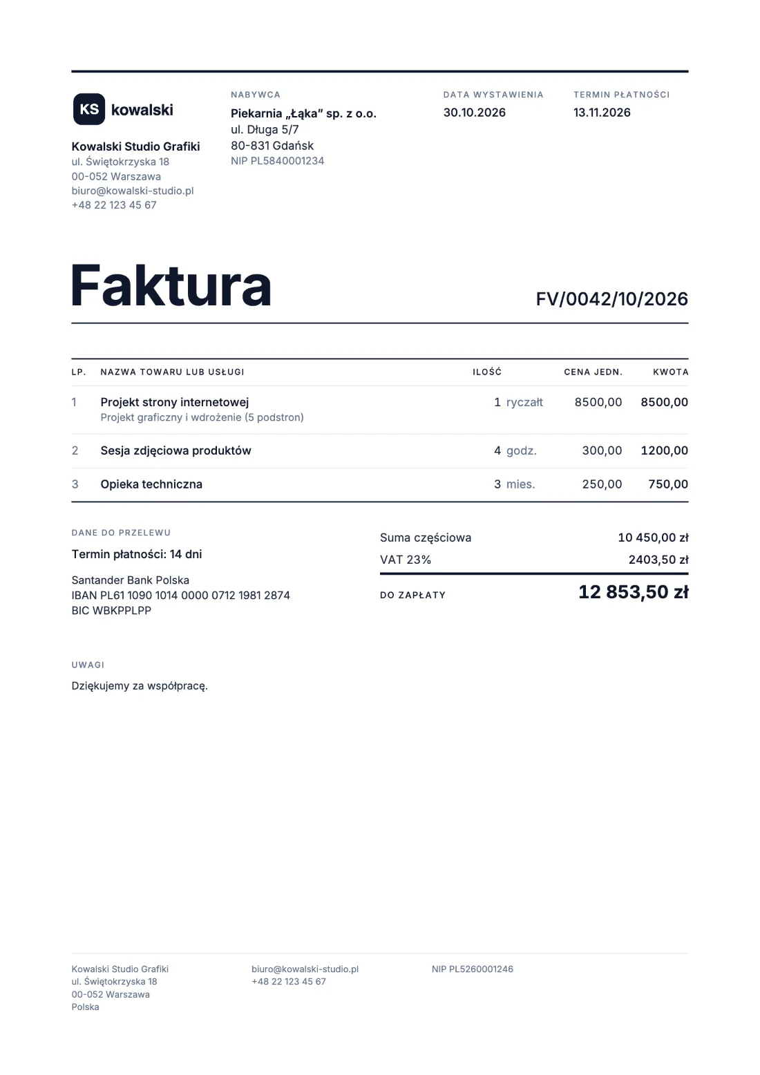 Siatka: Faktura (Przykładowe dane)