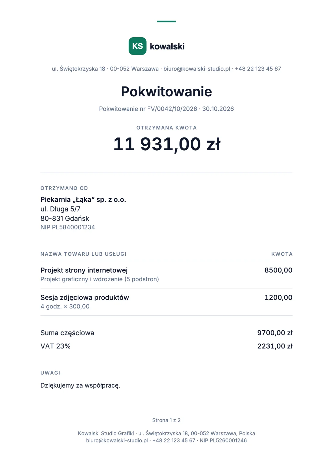 Pokwitowanie: Faktura (Przykładowe dane)