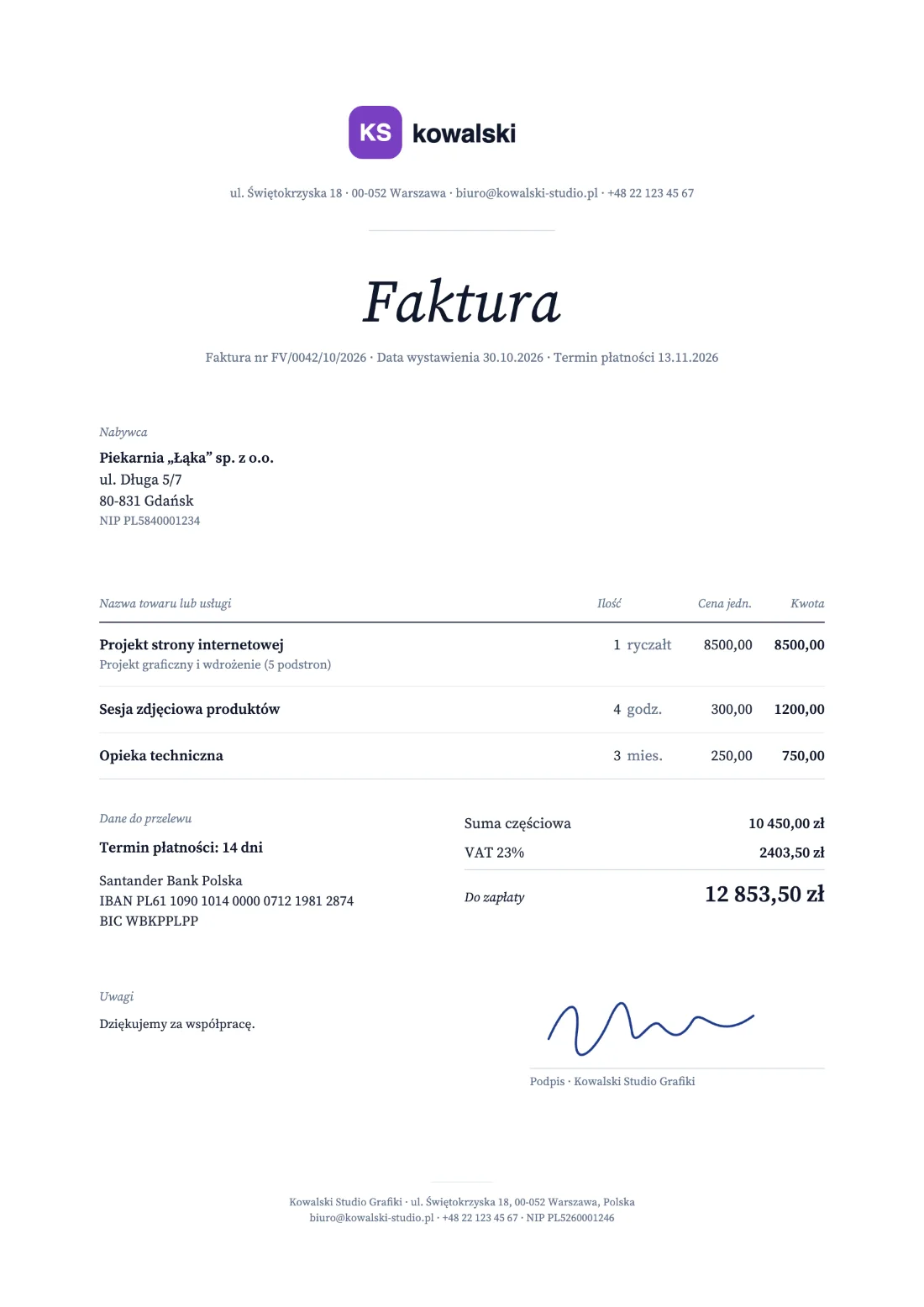 Studio: Faktura (Przykładowe dane)