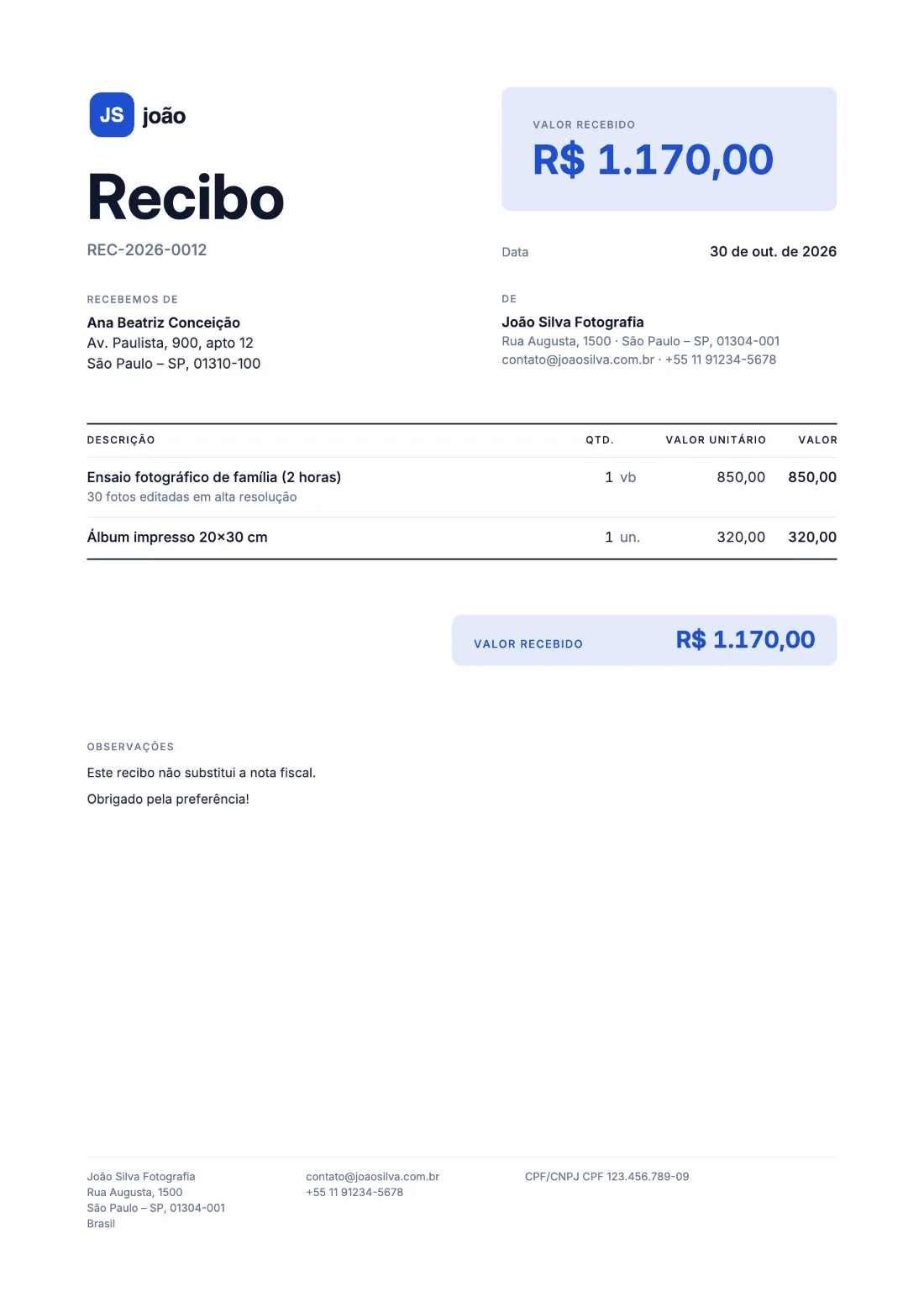 Destaque: Recibo (Dados de exemplo)