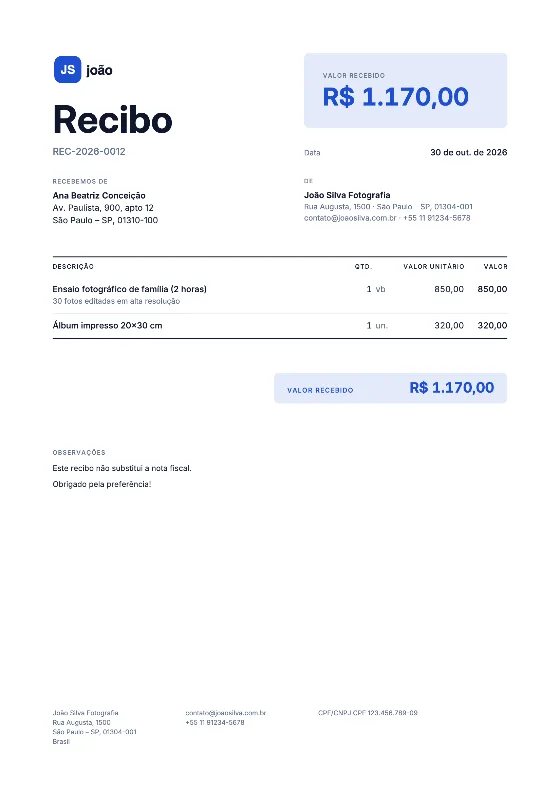 Destaque: Recibo (Dados de exemplo)