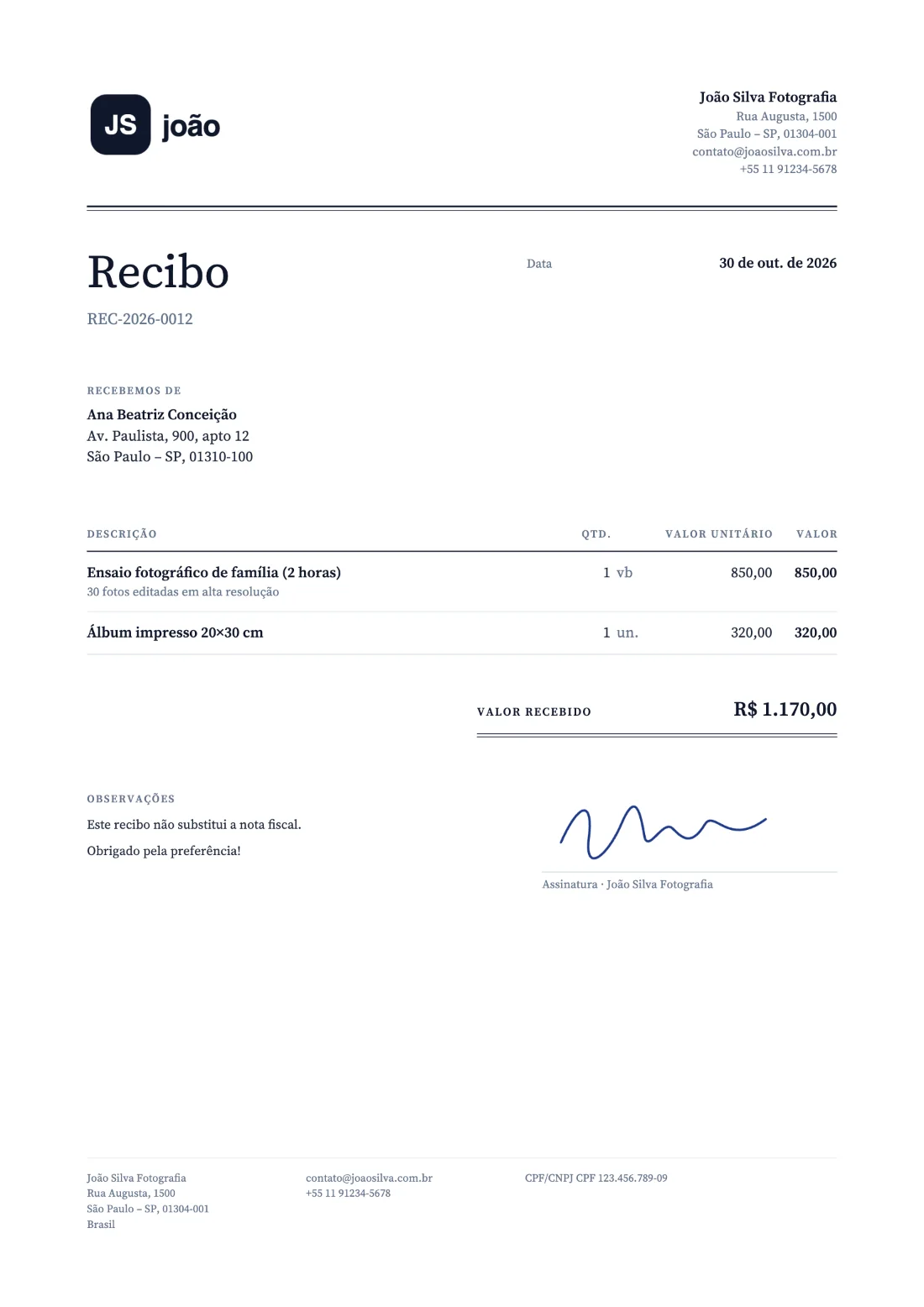 Clássico: Recibo (Dados de exemplo)