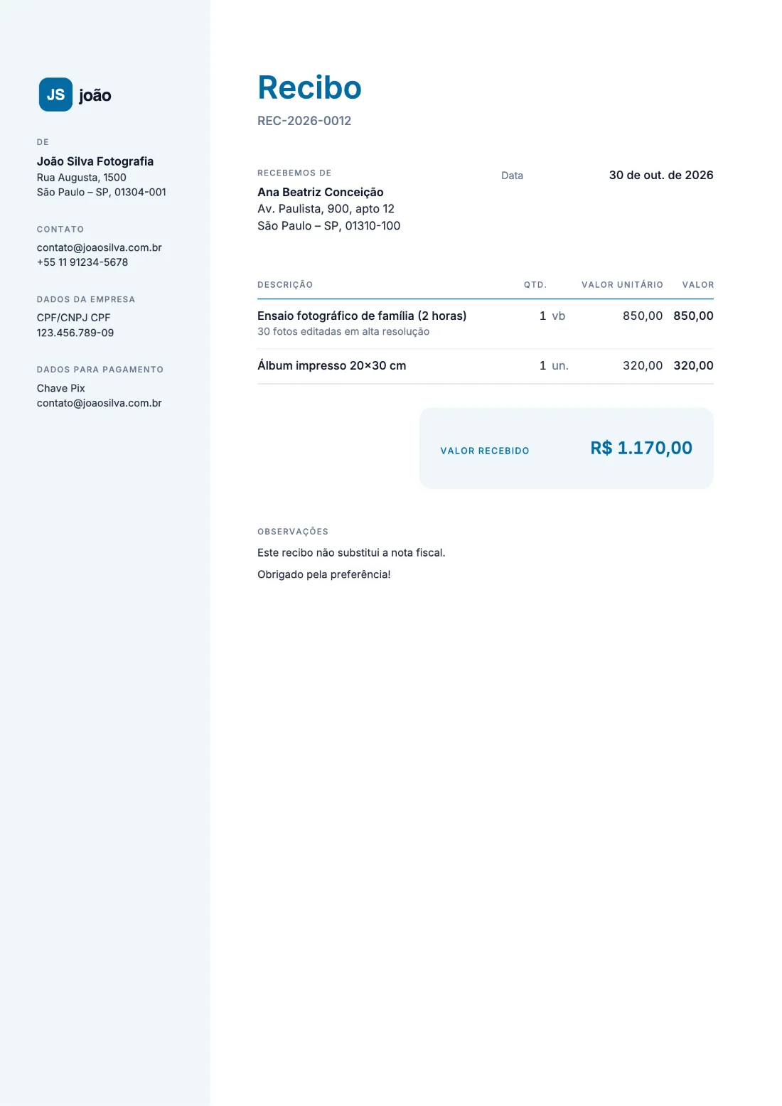 Corporativo: Recibo (Dados de exemplo)