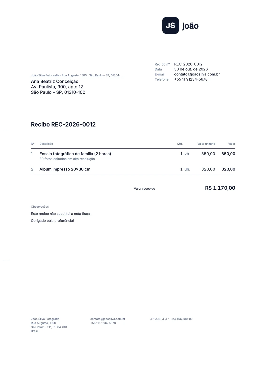 DIN 5008: Recibo (Dados de exemplo)
