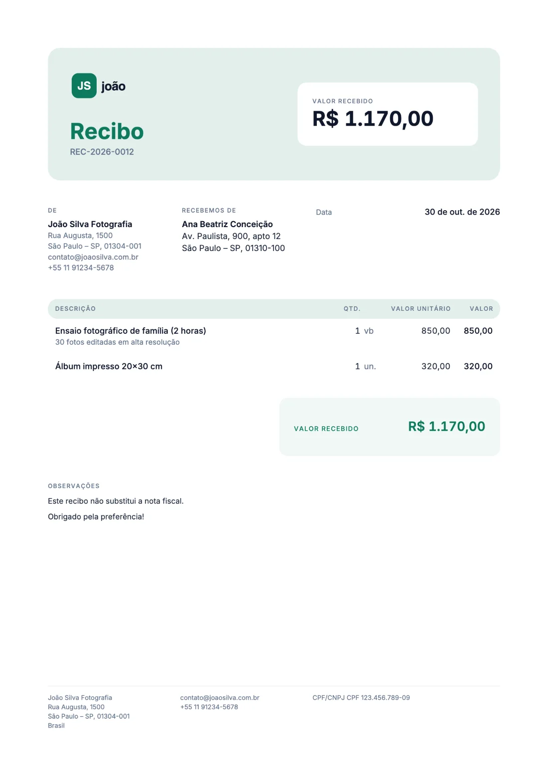 Leve: Recibo (Dados de exemplo)