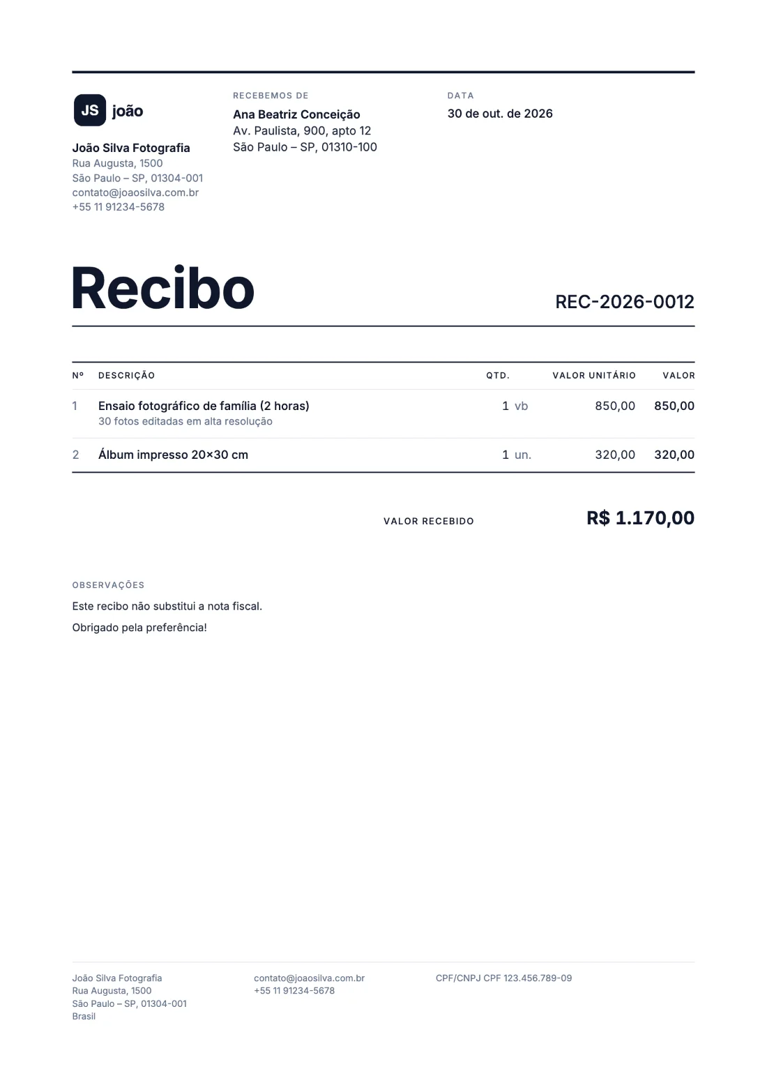 Grade: Recibo (Dados de exemplo)