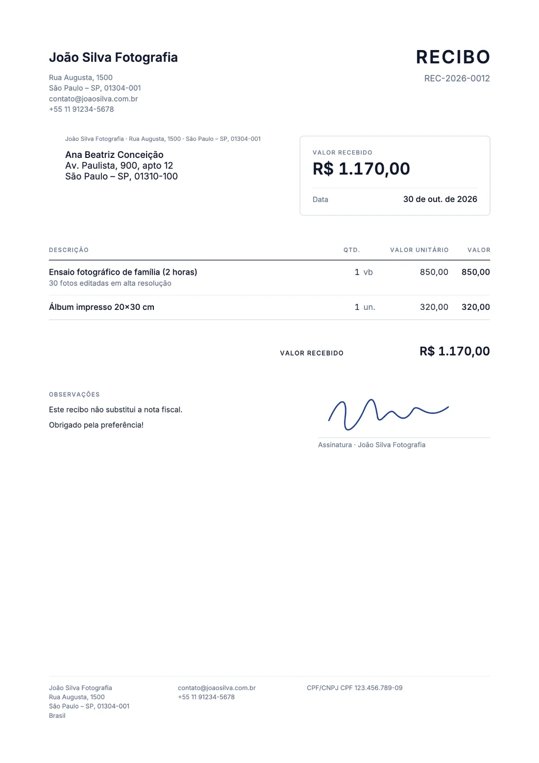 Carta (EUA): Recibo (Dados de exemplo)