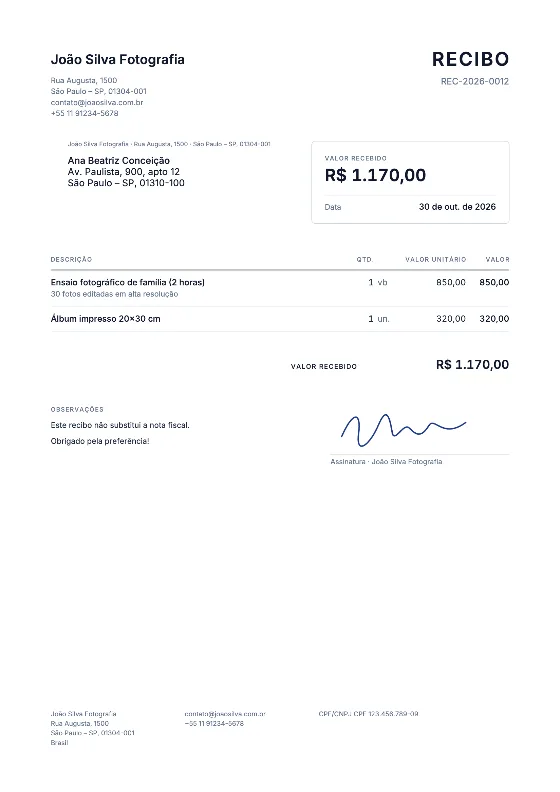 Carta (EUA): Recibo (Dados de exemplo)