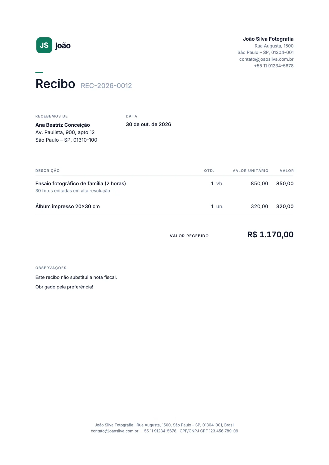 Minimalista: Recibo (Dados de exemplo)