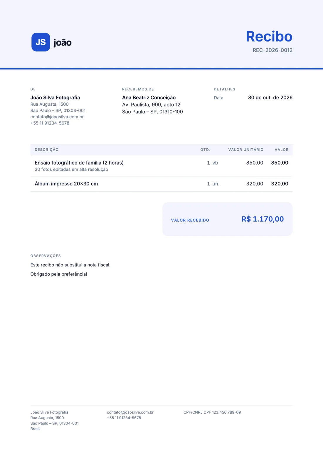 Moderno: Recibo (Dados de exemplo)
