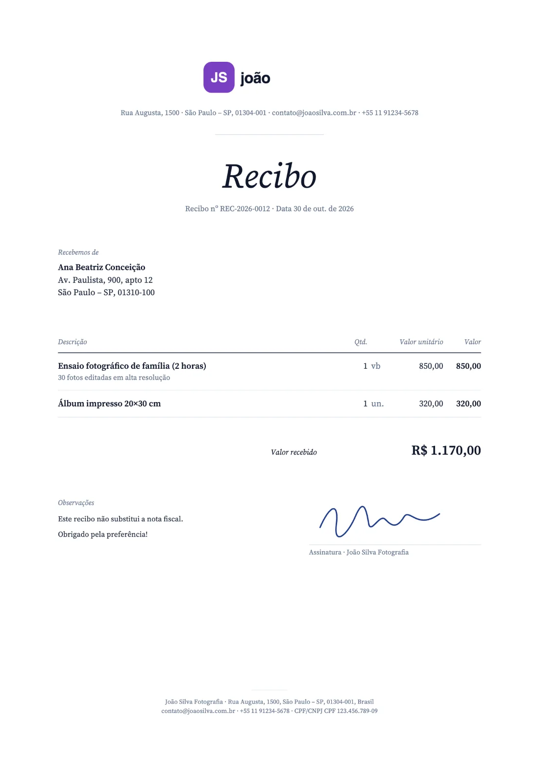 Estúdio: Recibo (Dados de exemplo)