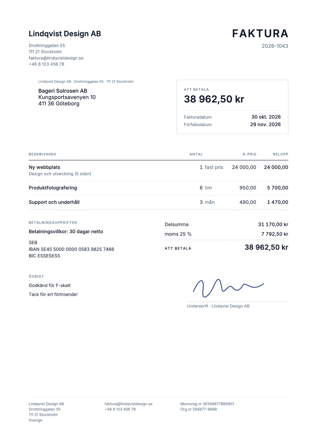 US Letter: Faktura (Exempeldata)